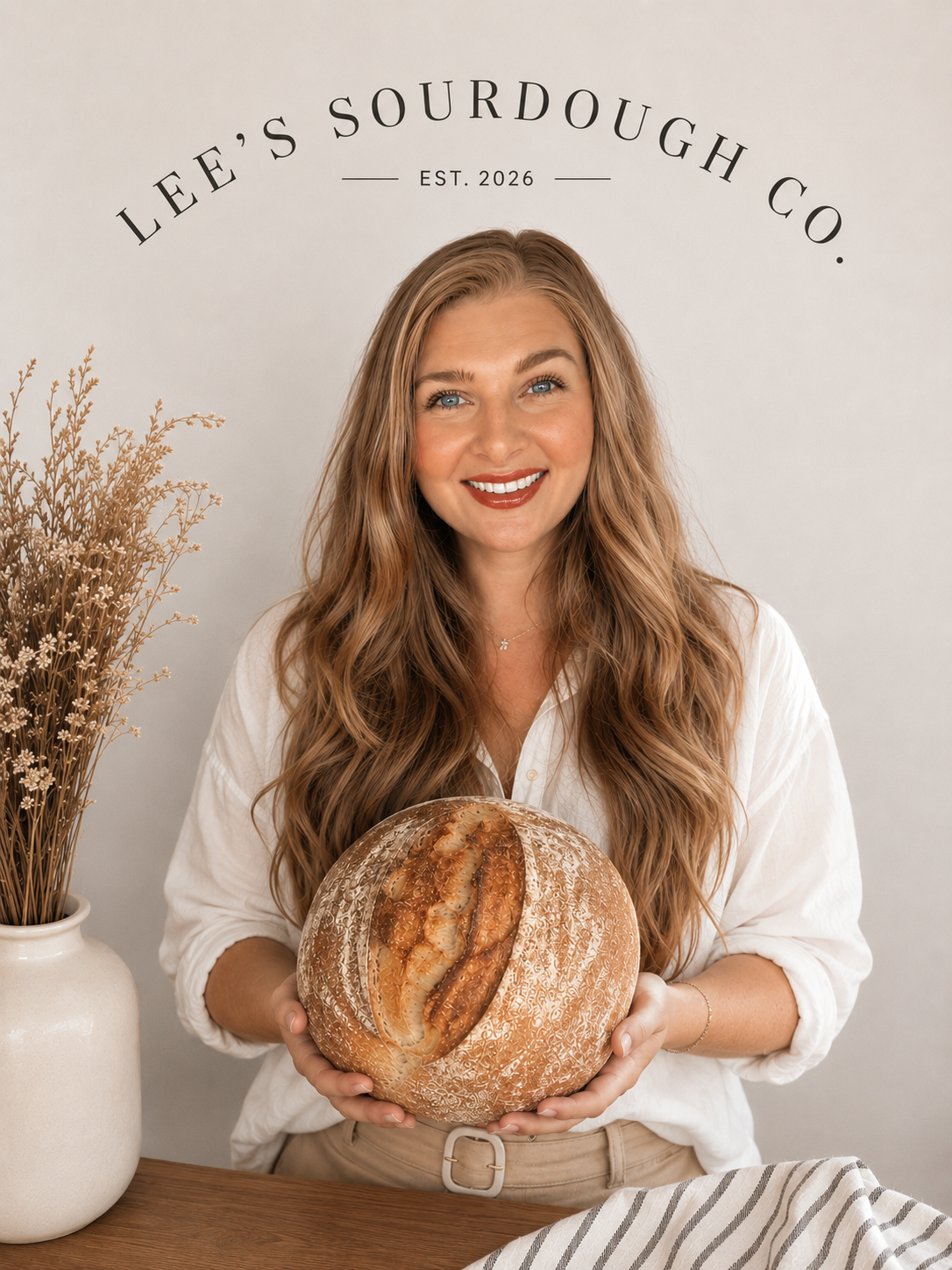 Founder of Lee's Sourdough Co. holding a fresh sourdough loaf